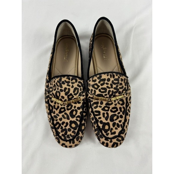 J McLaughlin Dillon Loafers Animal Print Black Brown 6.5 Gold Hardware Pony Hair - Picture 2 of 12